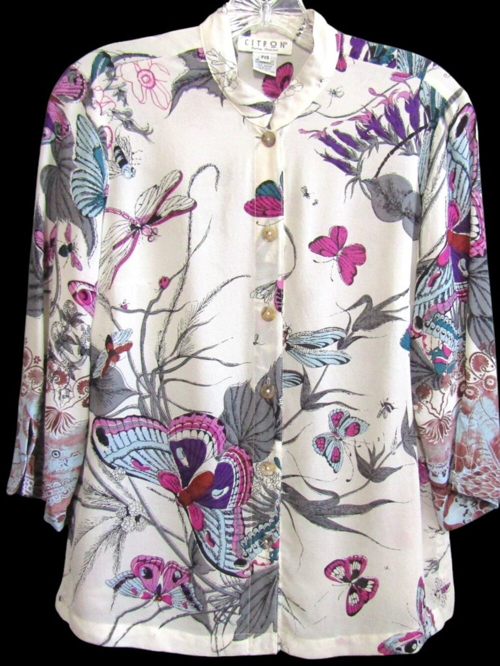 Citron Santa Monica Silk Blouse Top Butterfly Floral PXS Button Up Art to Wear